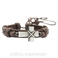 Armband leer met metalen kruis 1cm breed