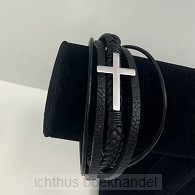 Leren armband zilver kruis 22cm